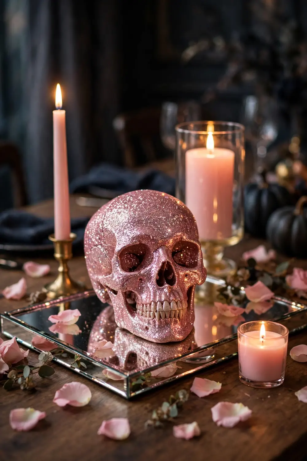 Pink glitter skull centerpiece on a dining table with candles, glam pink halloween decor ideas