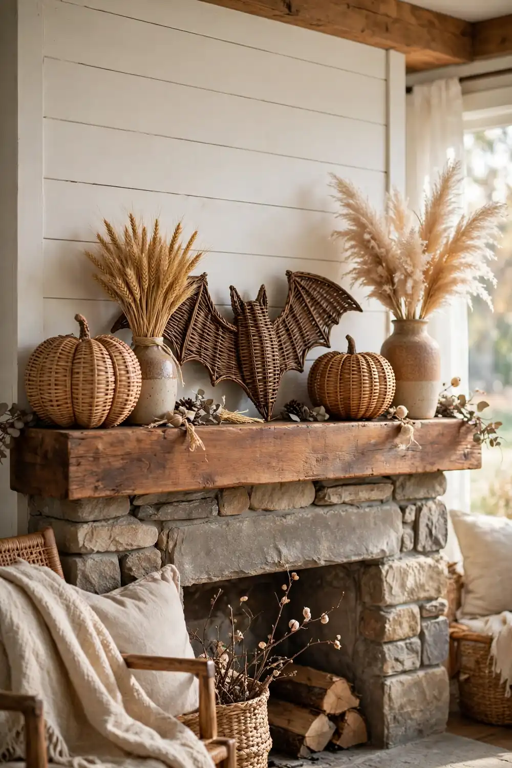 Wicker and rattan Halloween mantel decor Rustic Halloween mantel with rattan pumpkins and dried pampas grass