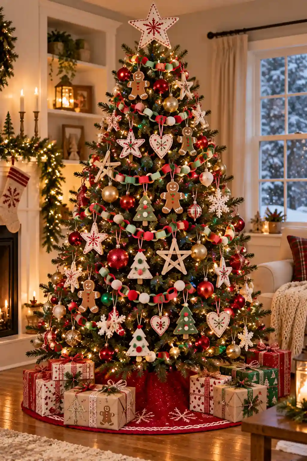 Kid-friendly Christmas tree decorated with handmade salt dough ornaments, paper chains, popsicle stick stars, felt ornaments, and colorful lights.