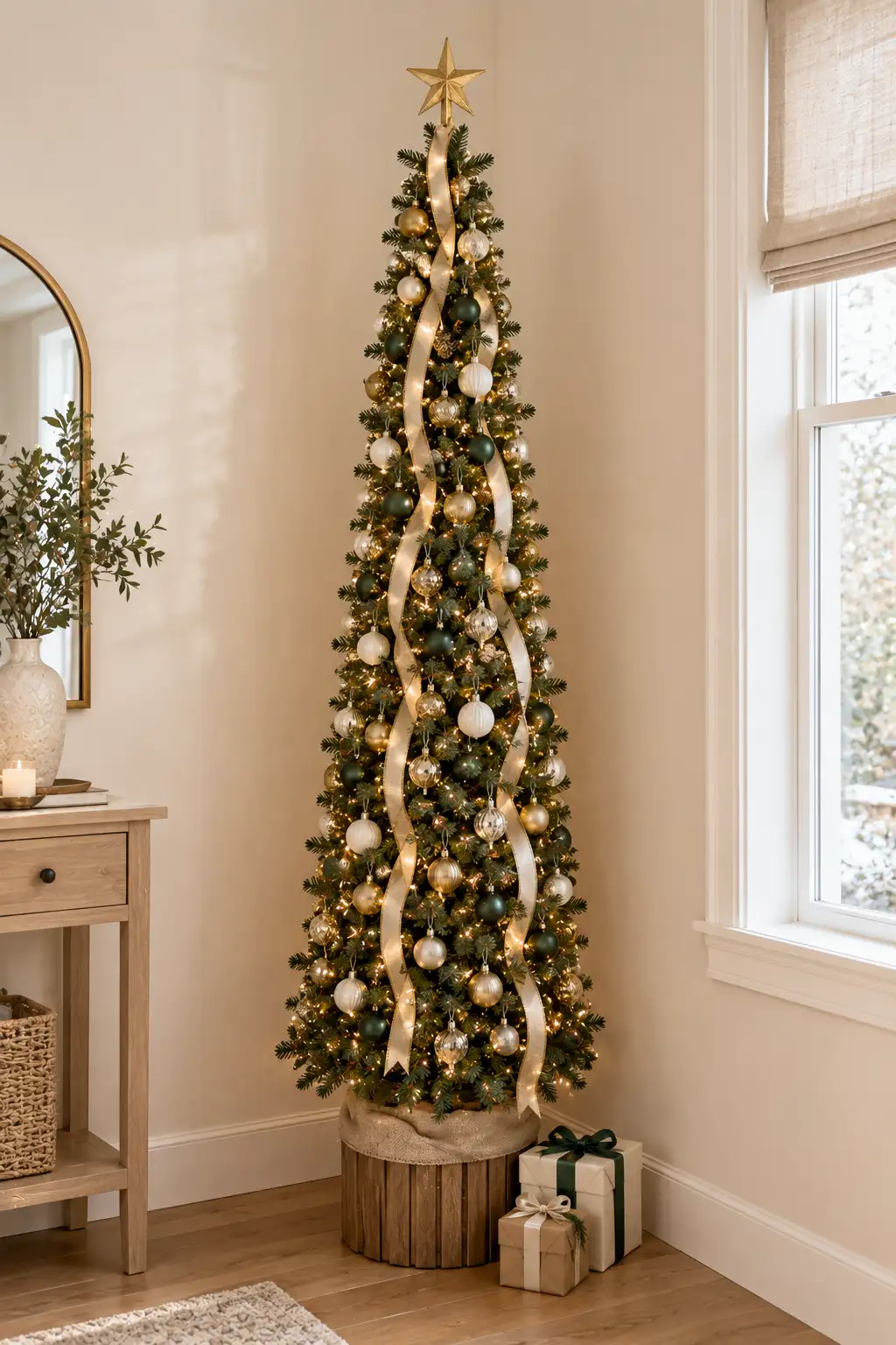 Slim pencil Christmas tree decorated with a narrow vertical ribbon, small ornaments, a star topper, and a compact base for small spaces.