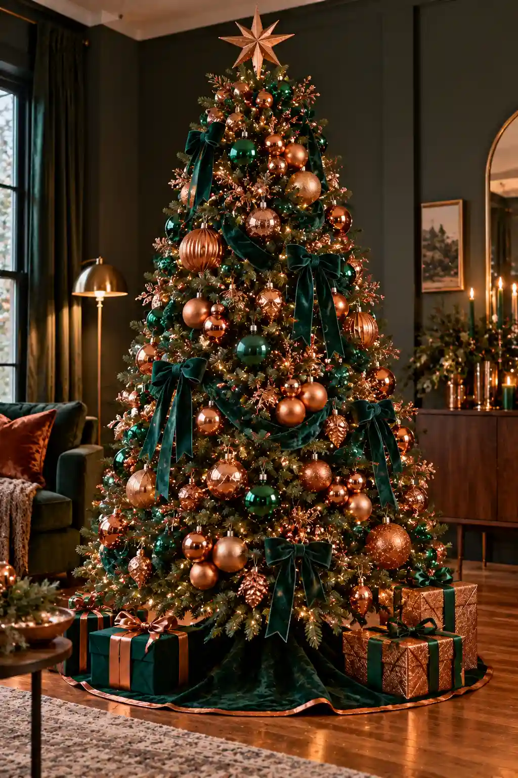 Elegant two-tone Christmas tree decorated in two coordinated colors with velvet ribbon, matching ornaments, warm white lights, and a subtle metallic accent.