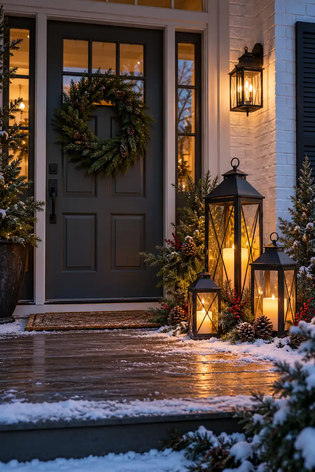 Winter porch entrance decorated with three oversized lanterns in different sizes, flameless candles, and faux greenery.