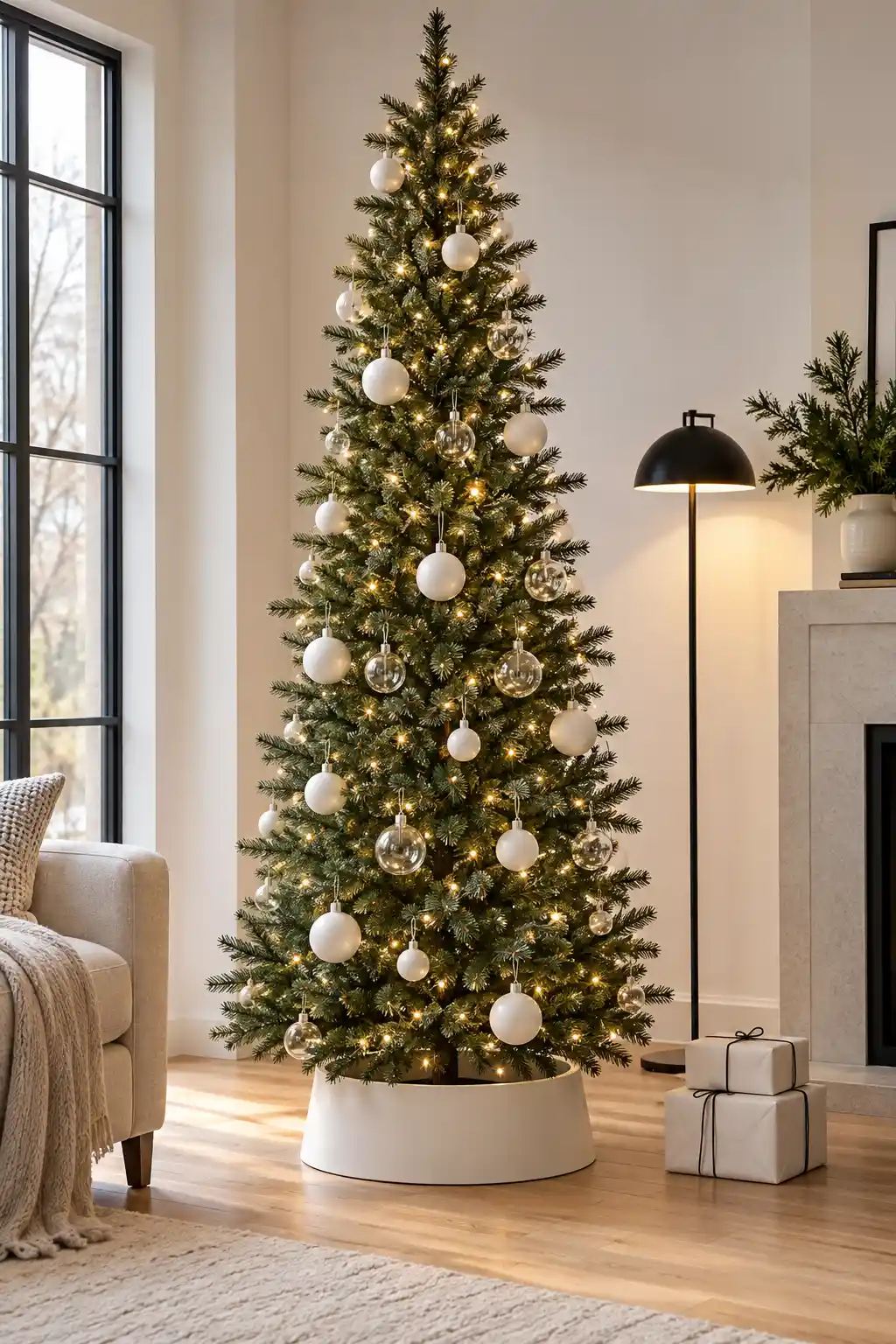 Minimalist Christmas tree with a slim silhouette, warm white lights, simple white ornaments, and visible space between the branches.