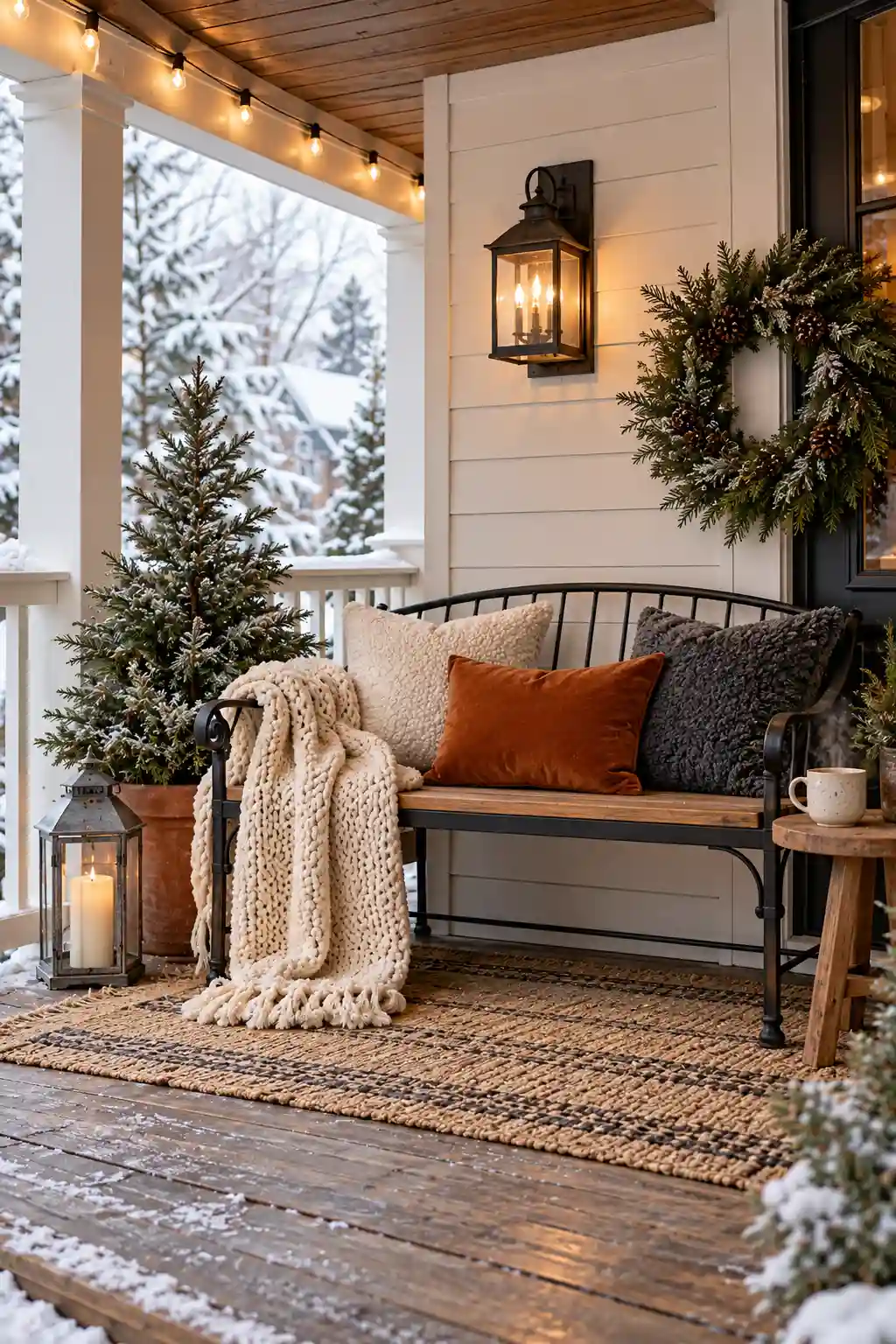 Here is add alt text: Cozy winter porch seating corner with a chunky wool throw, textured outdoor pillows, and a neutral seasonal color palette.