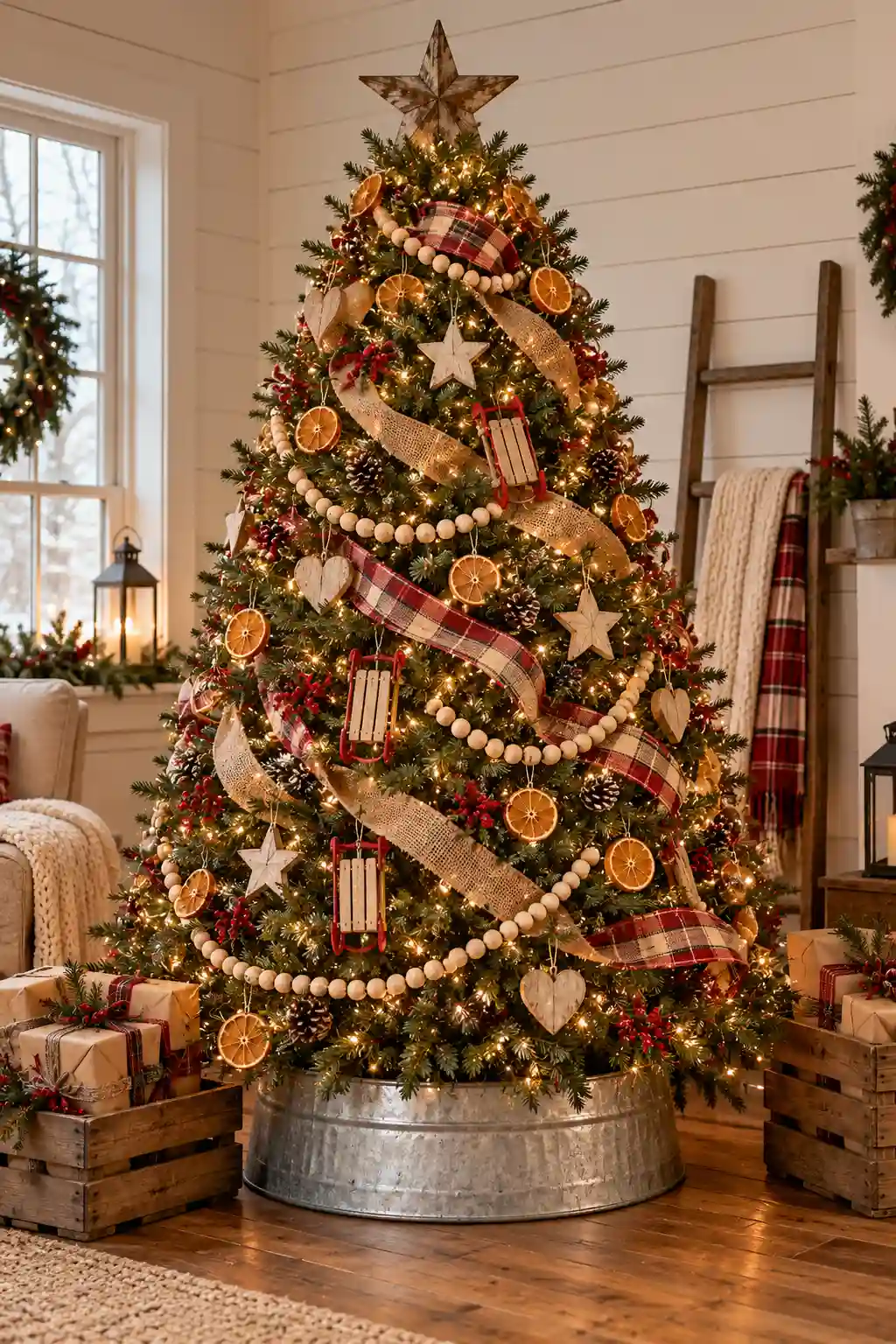 Cozy farmhouse Christmas tree decorated with wooden bead garland, plaid ribbon, wooden ornaments, and a galvanized metal tree collar.