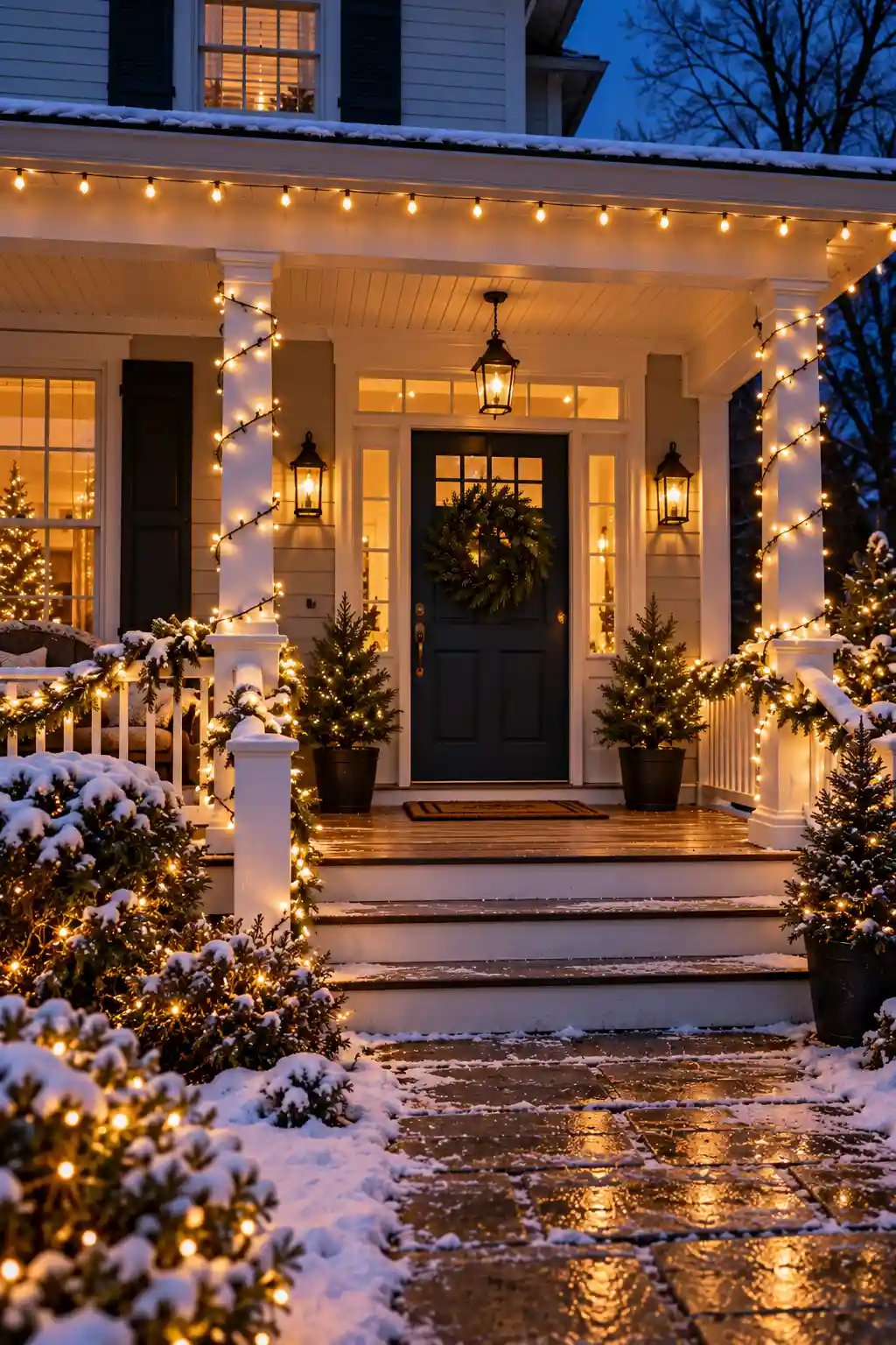 Here is add alt text: Winter porch decorated with warm white string lights wrapped along the railing and posts for a soft evening glow.