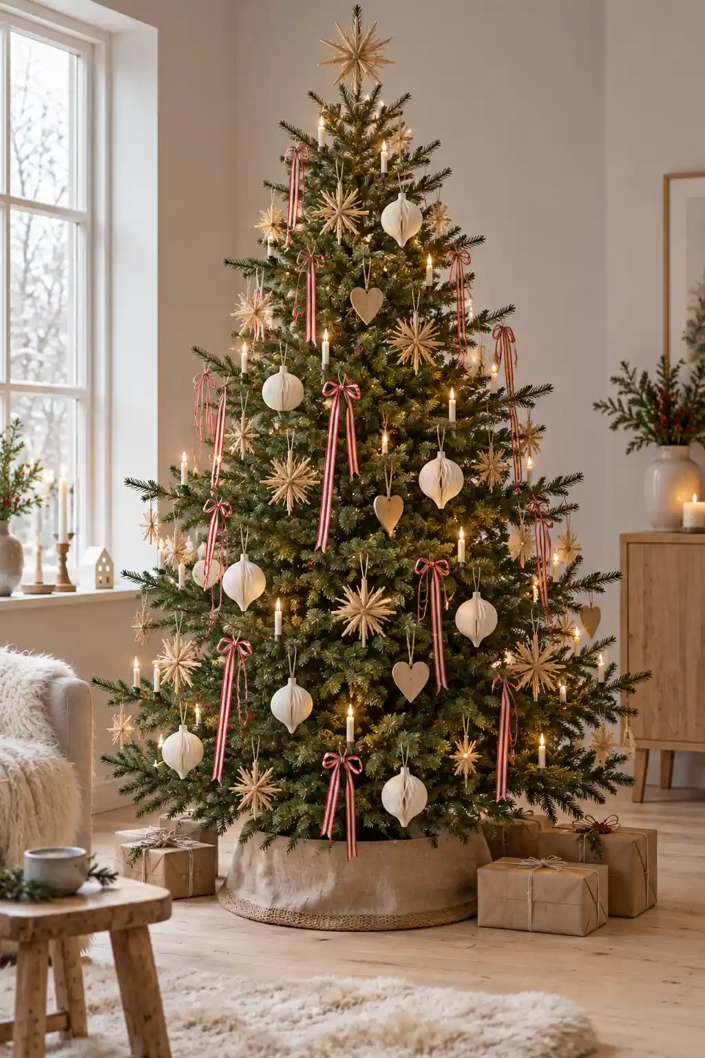 Natural Scandinavian Christmas tree decorated with straw stars, white paper ornaments, wooden hearts, and red and white striped ribbon.
