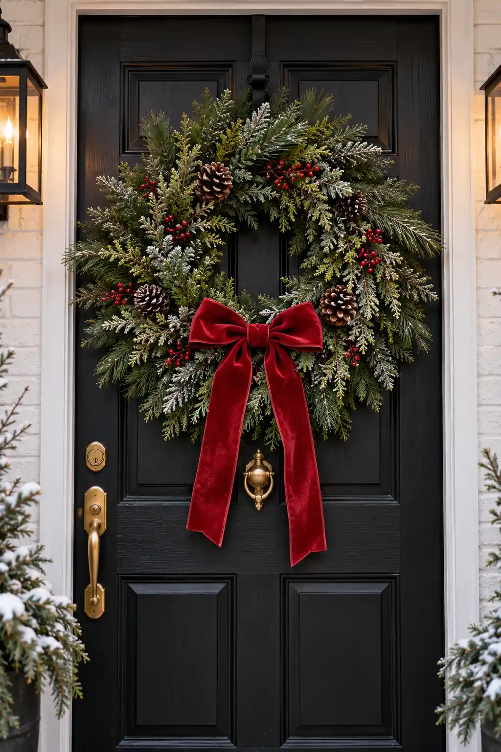 Here is add alt text: Natural winter pine wreath on a front door decorated with seasonal ribbon that can be changed from Christmas to winter.
