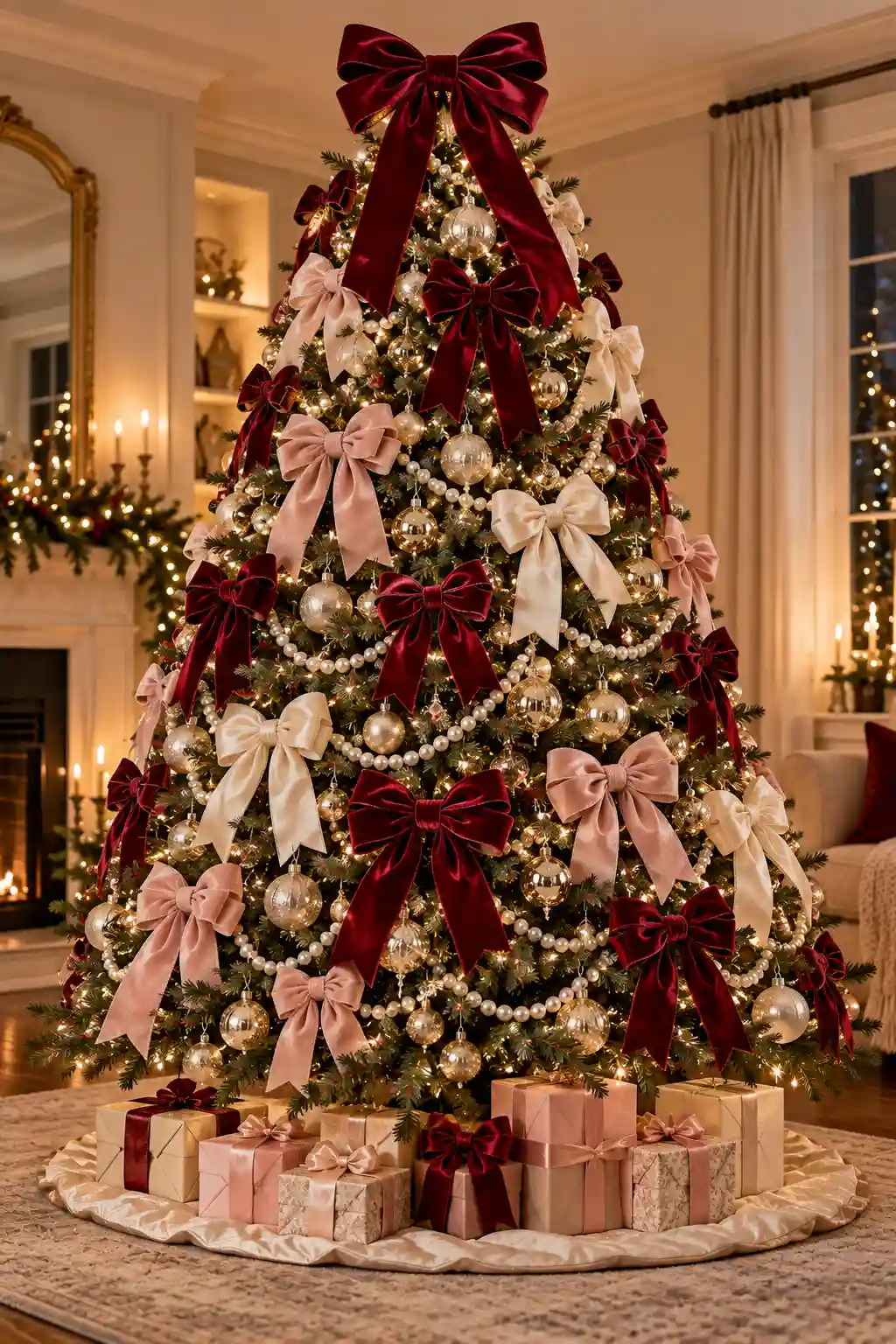 Romantic Christmas tree covered with burgundy, blush pink, and cream velvet bows, pearl garland, champagne ornaments, and an oversized bow topper.