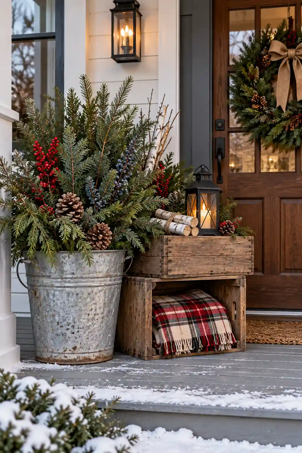Here is add alt text: Rustic winter porch display with a galvanized bucket or wooden crates filled with evergreen branches, pinecones, and faux berries.