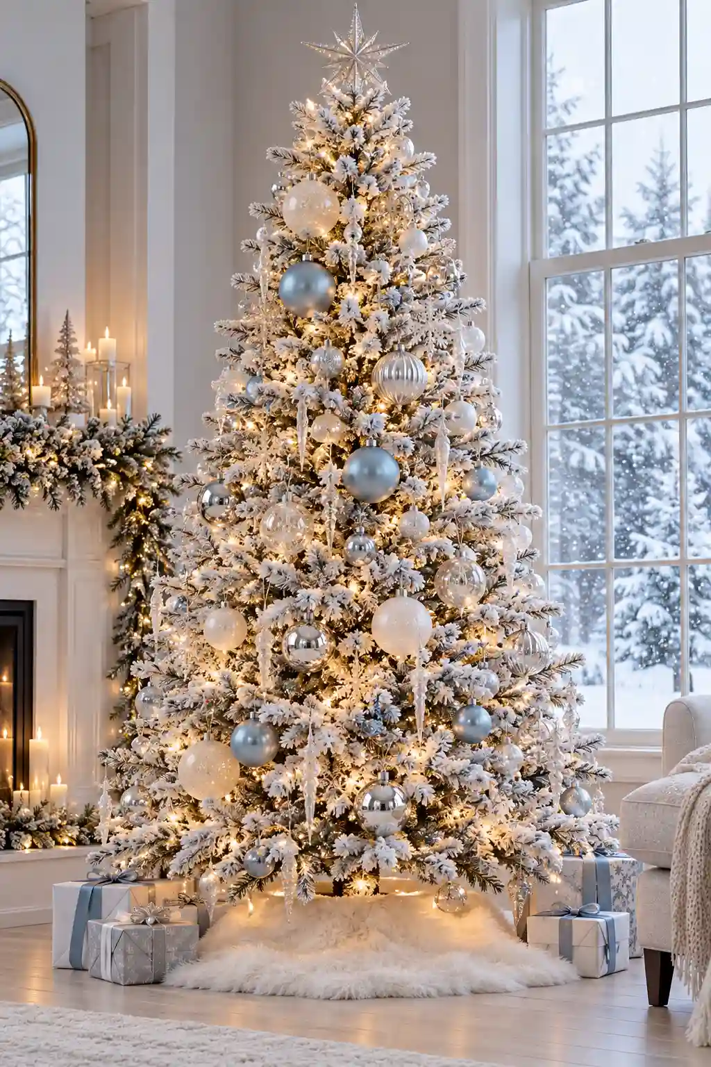 Flocked winter wonderland Christmas tree decorated with silver, frosted glass, pale blue, and icicle ornaments with warm white lights.