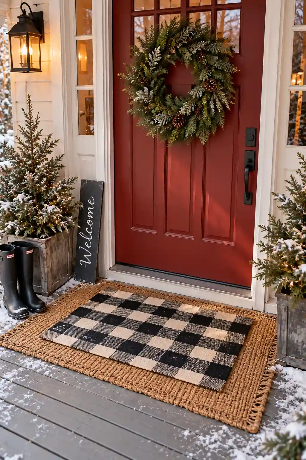 Here is add alt text: Winter front porch entry with a layered doormat, seasonal welcome sign, and neutral decor beside the front door.