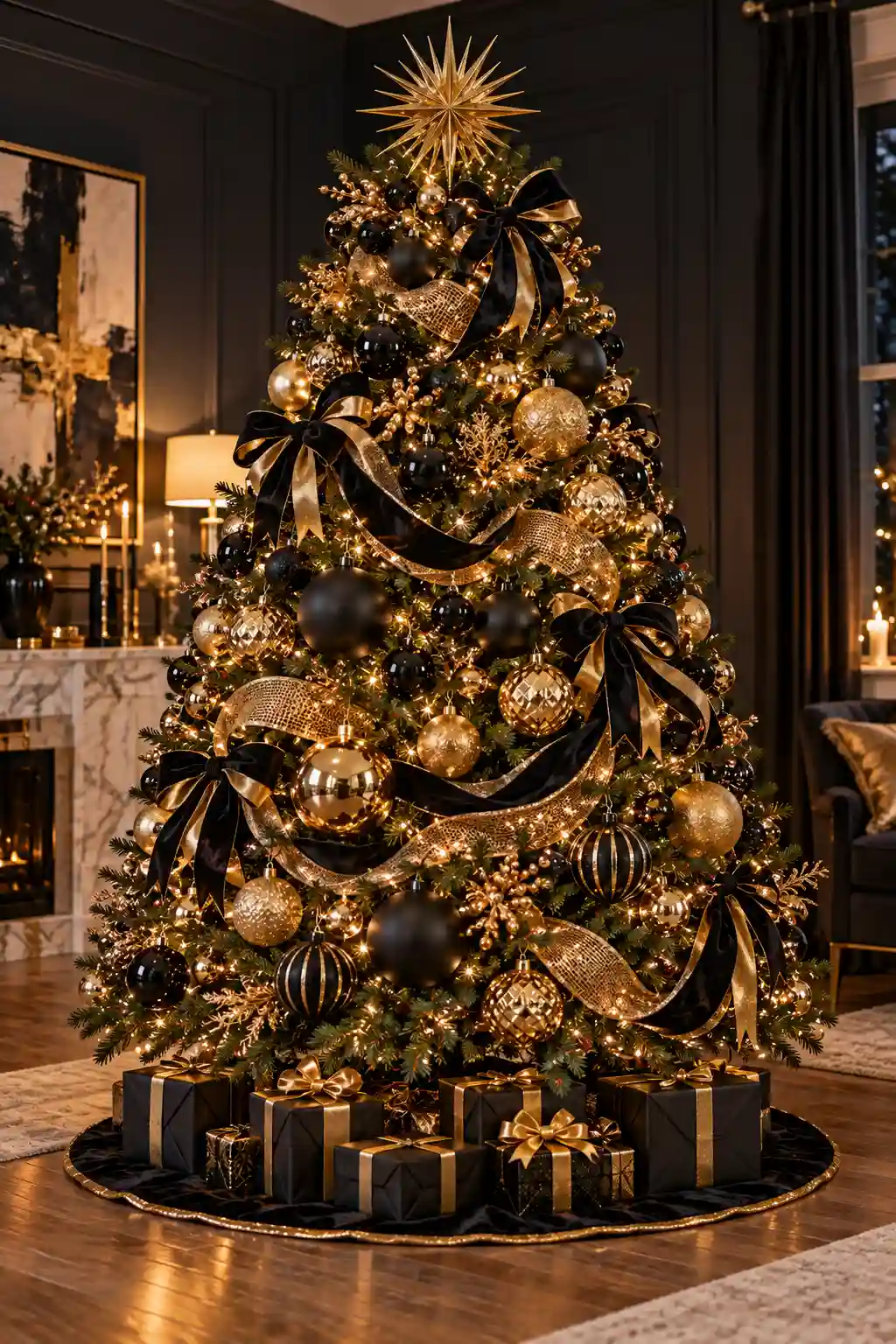 Glamorous Christmas tree with deep green or black branches decorated with matte black and shiny gold ornaments, black and gold ribbon, and a metallic topper.