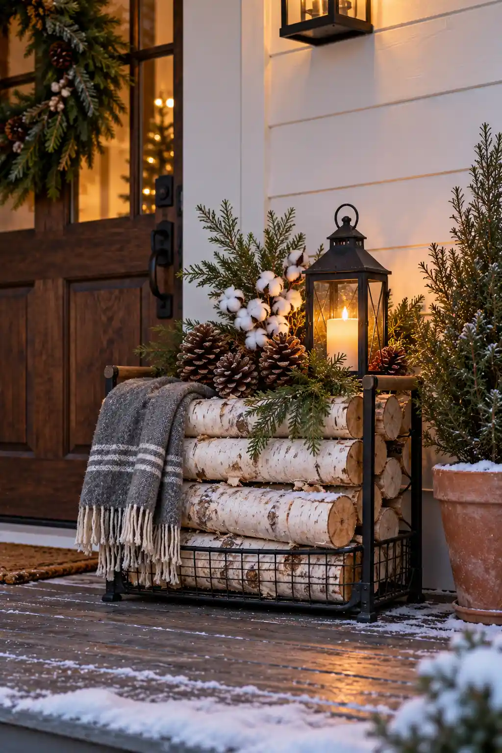 Here is add alt text: Natural winter porch vignette with birch logs, pinecones, faux cotton stems, and a small lantern arranged in a wire basket.