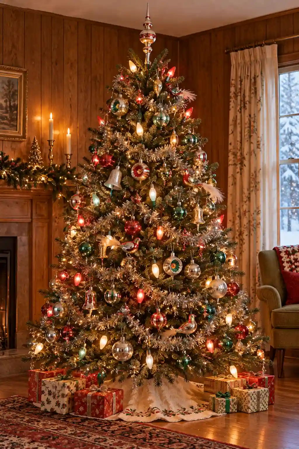 Vintage Christmas tree decorated with mercury glass ornaments, glass birds, teardrop reflectors, colorful C7 bulbs, and real tinsel garland.