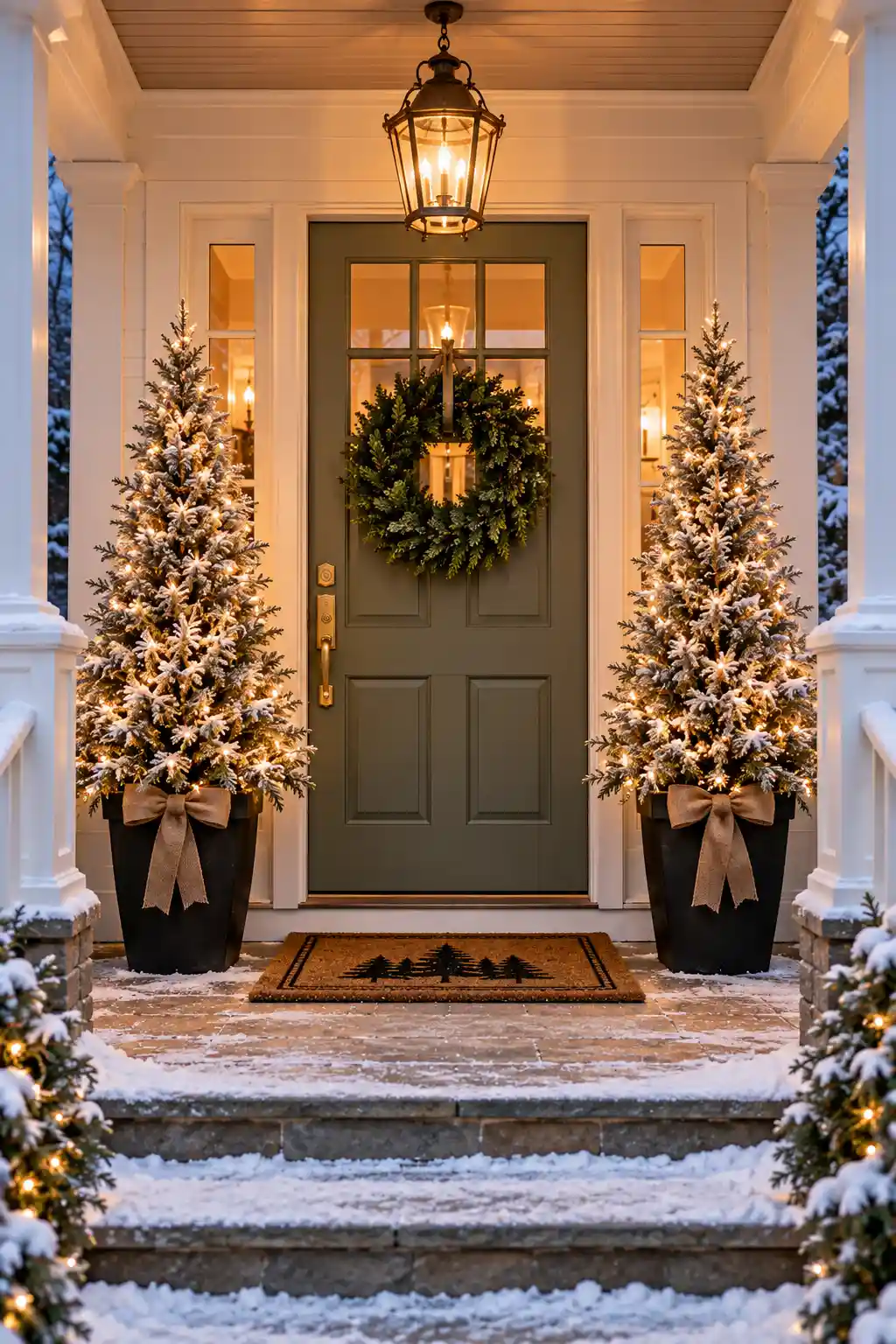 Here is add alt text: Winter front porch framed by two small frosted spruce trees with warm white lights in heavy decorative pots.