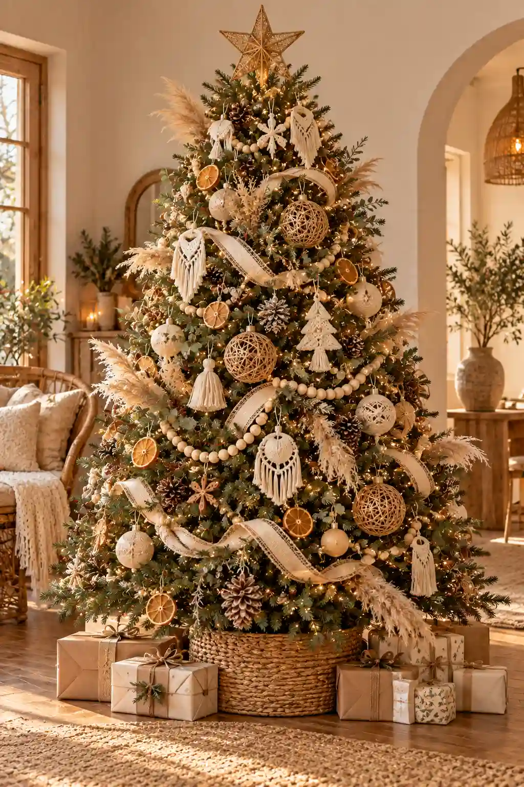 Neutral boho Christmas tree decorated with macrame ornaments, woven rattan balls, dried pampas grass, beige ribbon, pinecones, and dried orange slices.