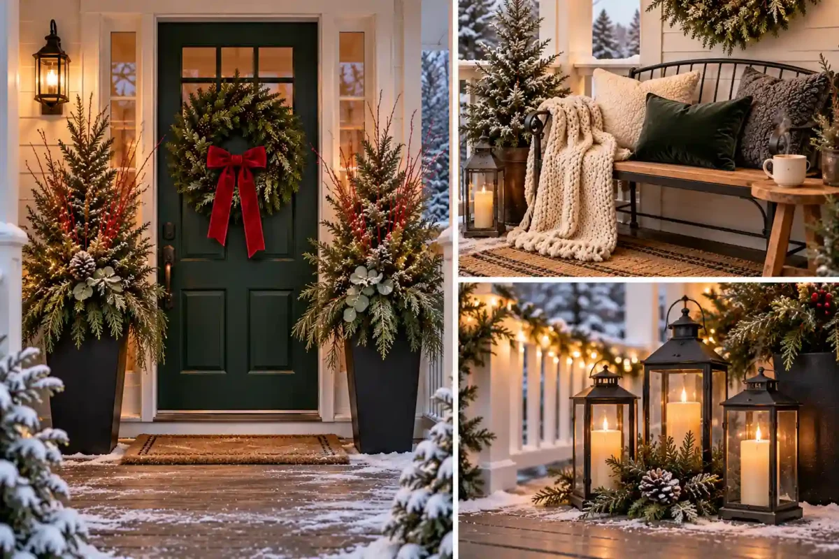 Winter porch ideas collage featuring evergreen planters, lanterns, cozy seating, string lights, wreaths, layered doormats, birch logs, and snowy porch trees.