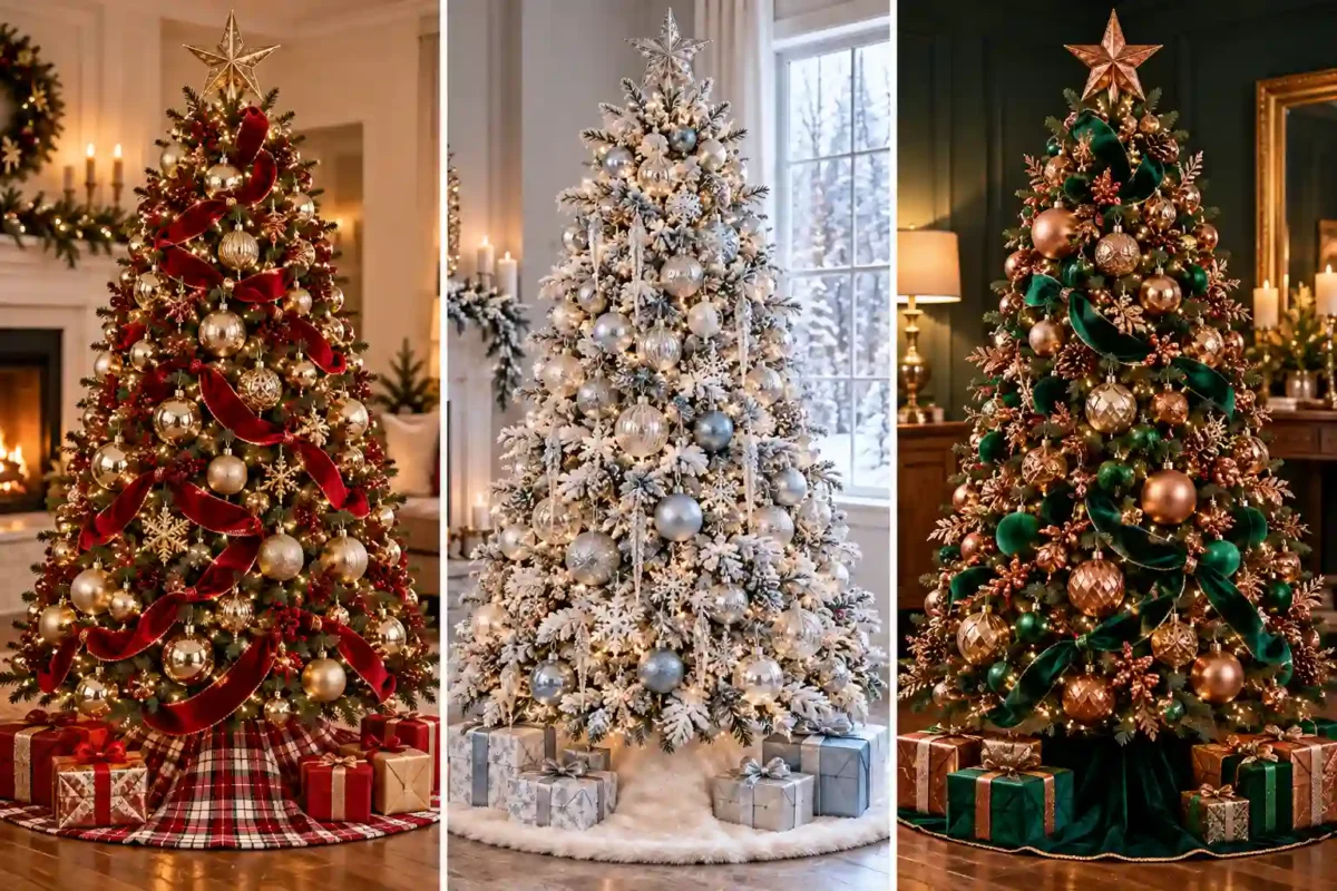 Christmas tree inspiration collage featuring traditional, minimalist, farmhouse, flocked, vintage, colorful, woodland, coastal, and elegant holiday tree decorating styles Christmas Tree Ideas
