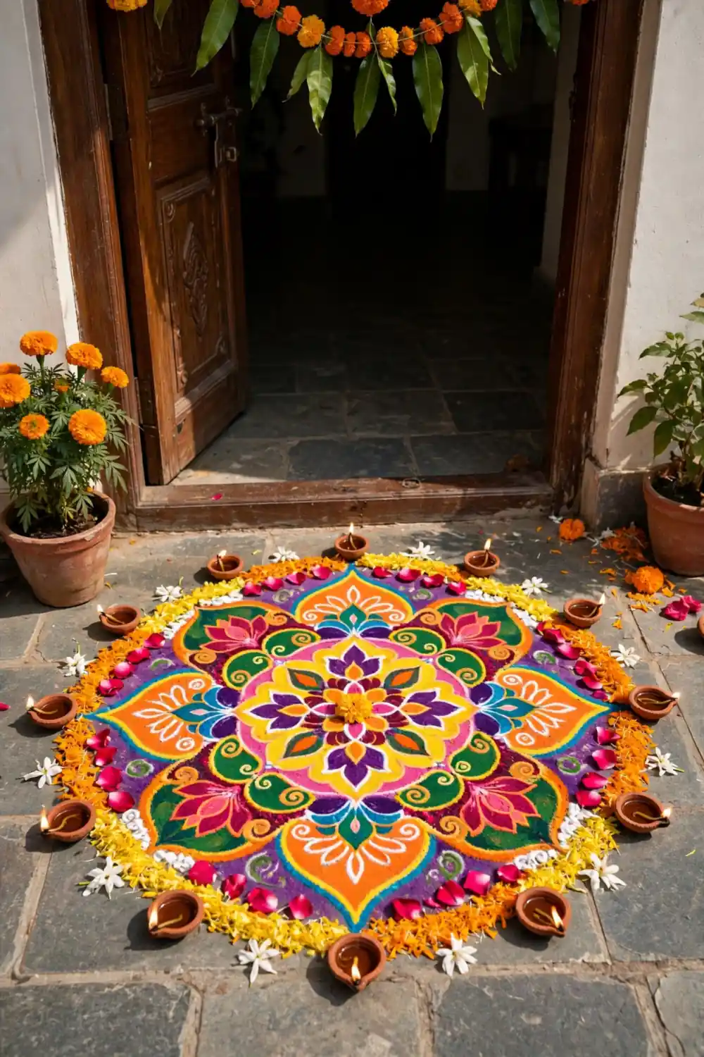 Colorful flower petal rangoli with lit diyas around the border at a home entrance