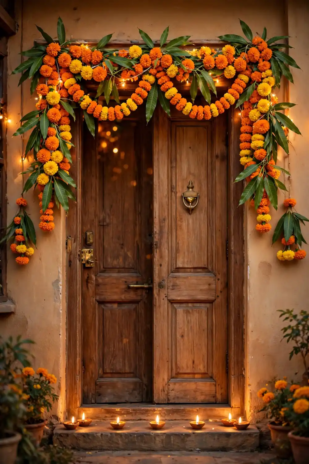 Lush marigold and mango leaf toran hanging across a wooden front door