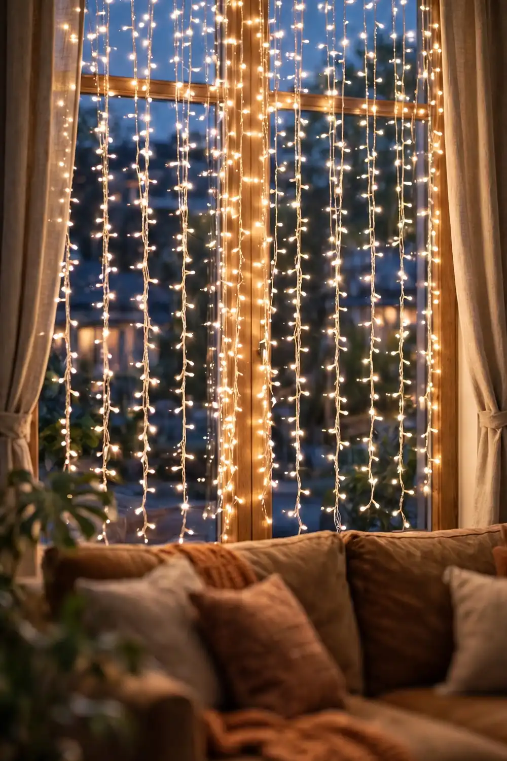 Warm white fairy light curtain glowing on a living room window at dusk