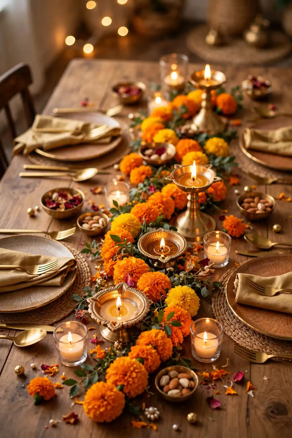 Festive dining table centerpiece with brass diyas, marigold garland runner and candles