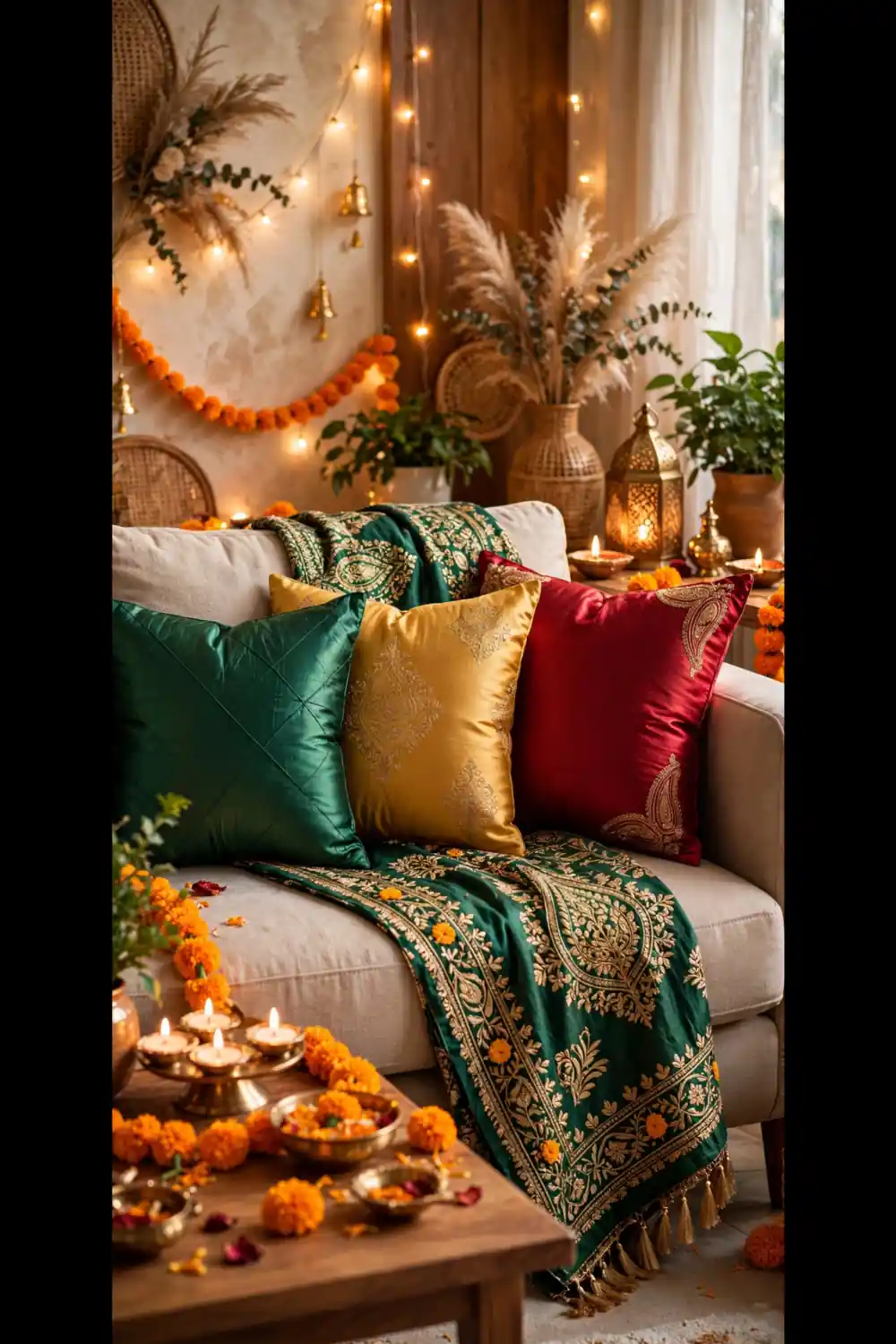 Sofa styled with jewel tone silk cushions in emerald ruby and gold with an embroidered throw