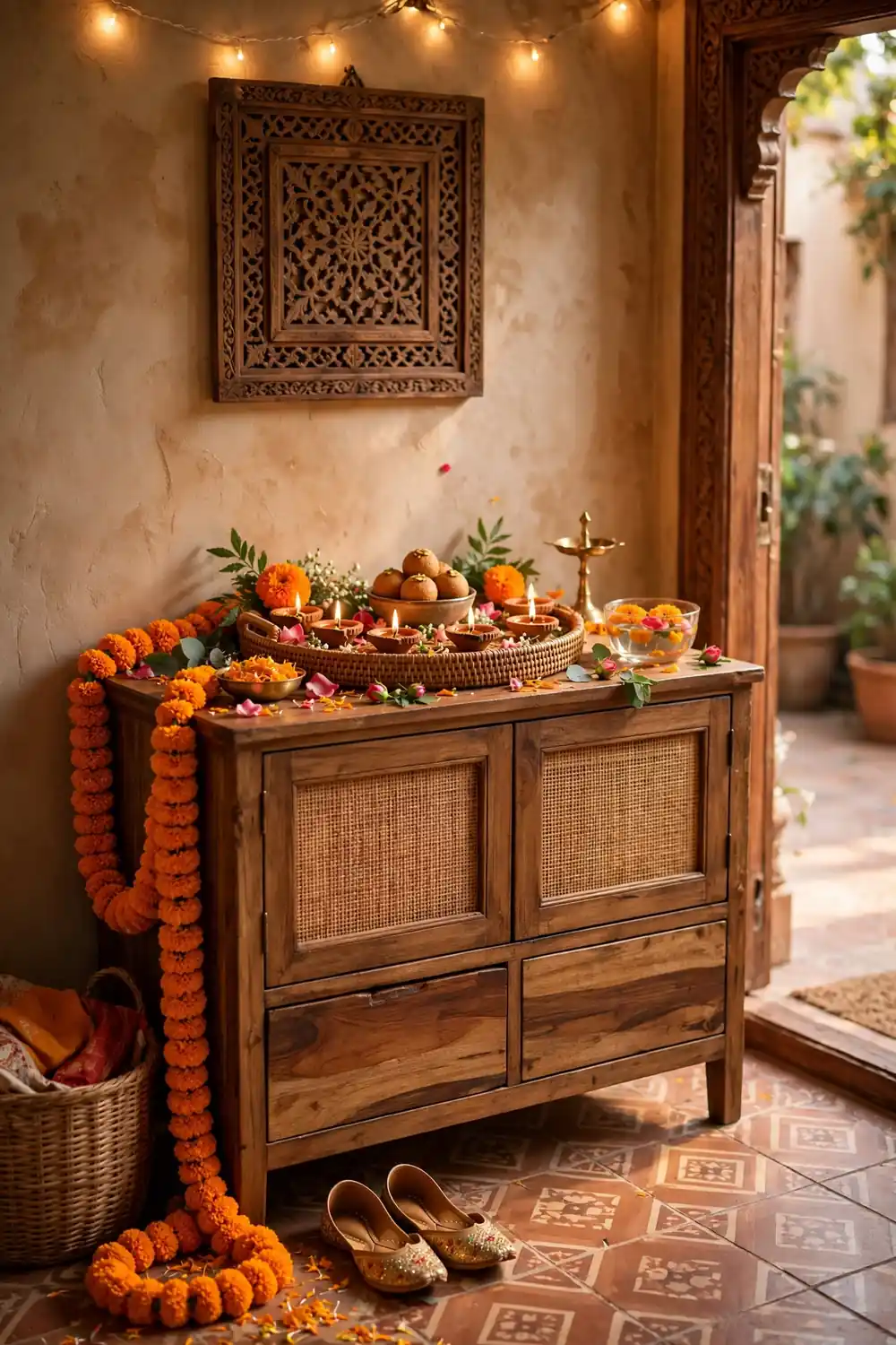 Entryway console with a welcome tray of diyas, sweets and fresh flowers