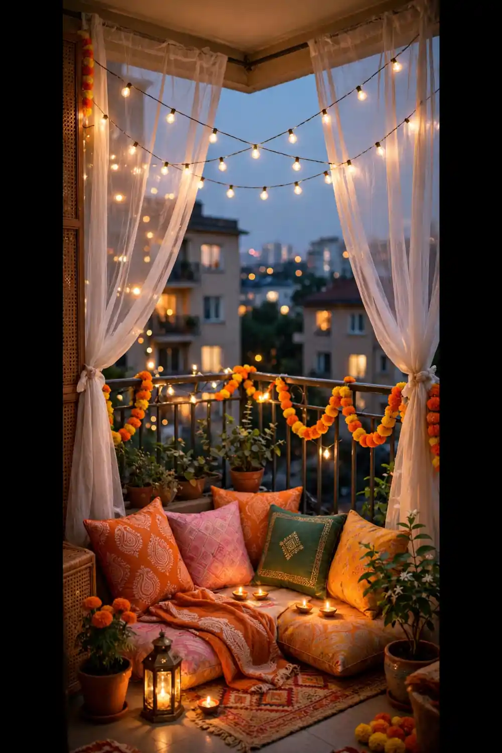 Balcony at dusk with warm string lights, sheer white drapes, floor cushions and a lantern