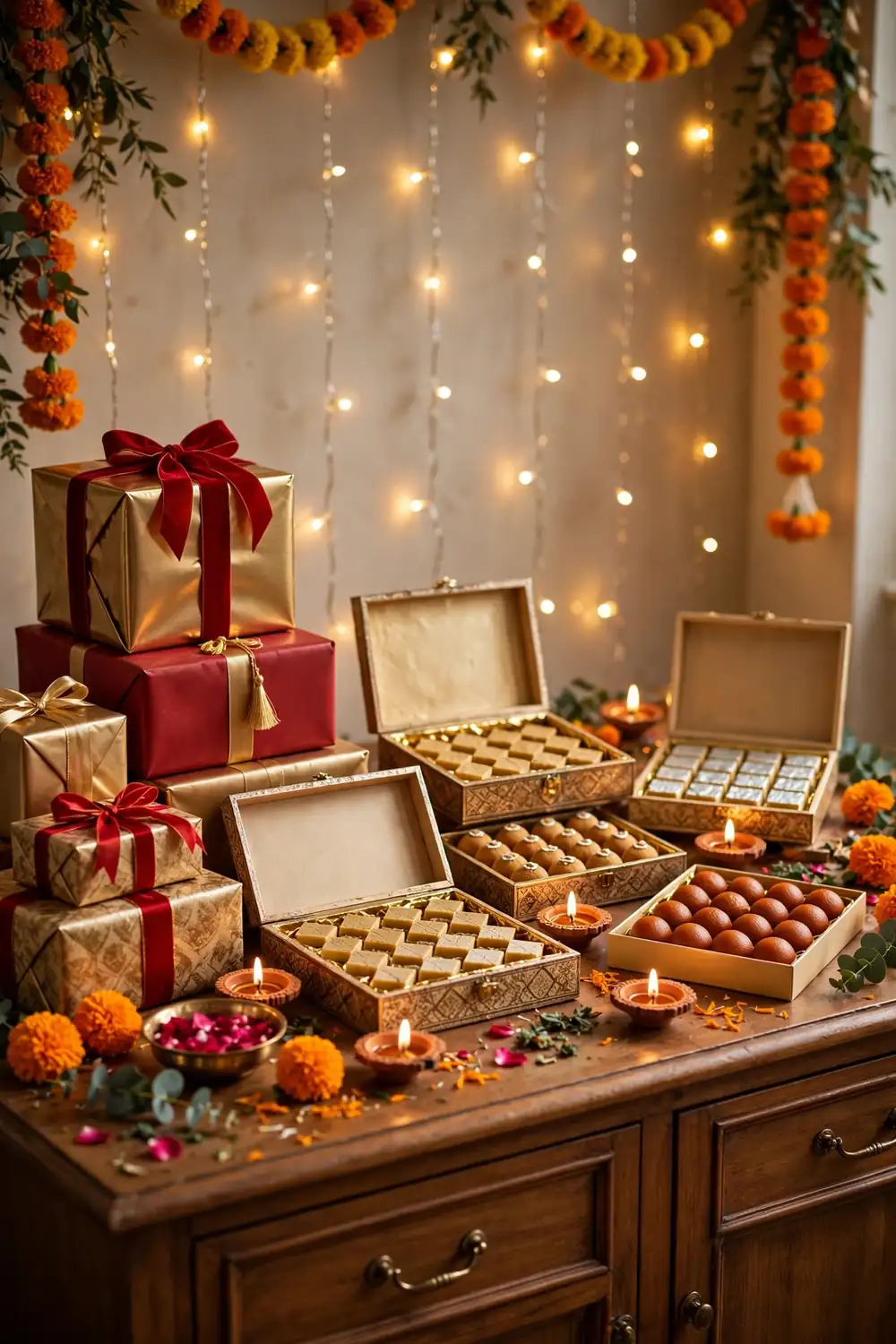 Sideboard display of wrapped gifts in gold and red with mithai boxes and fairy lights