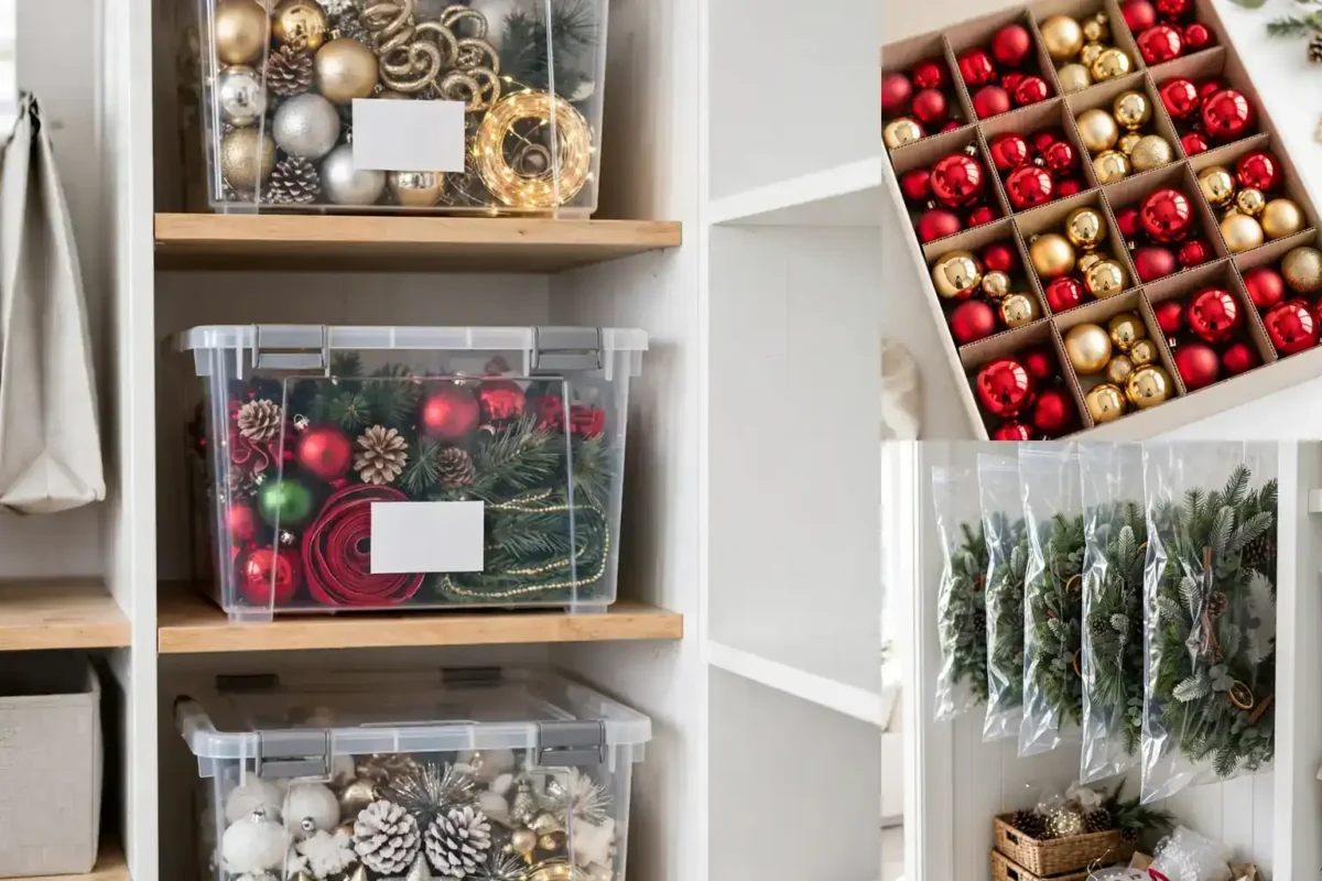 Holiday decor storage ideas collage: labeled clear storage bins, divided ornament boxes, and wreath storage bags