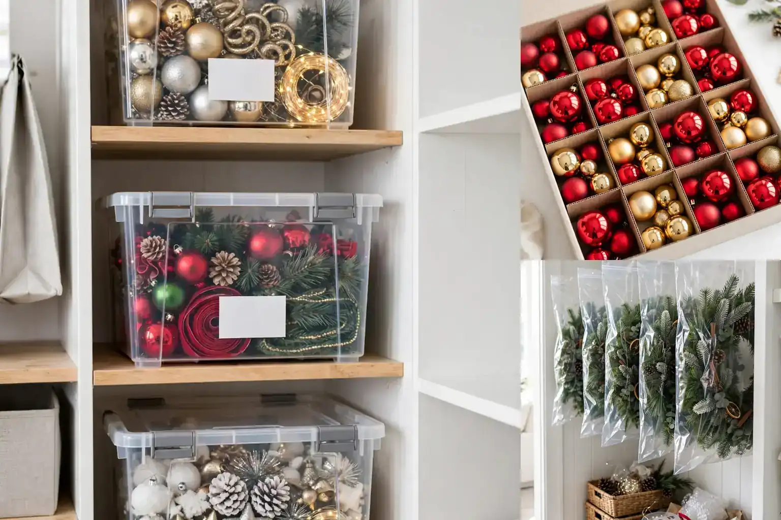 Holiday decor storage ideas collage: labeled clear storage bins, divided ornament boxes, and wreath storage bags