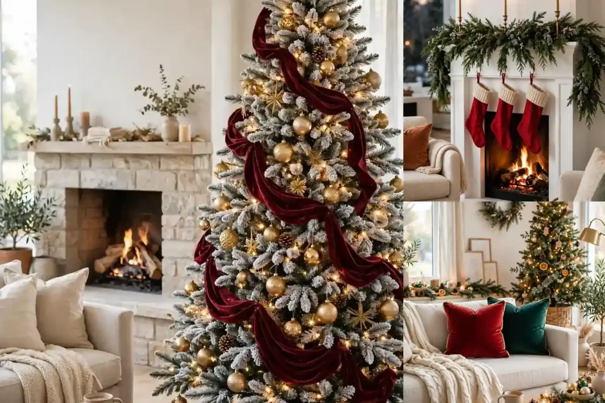 Christmas living room decor ideas collage: flocked Christmas tree with burgundy ribbon, garland fireplace mantel, and velvet throw pillows