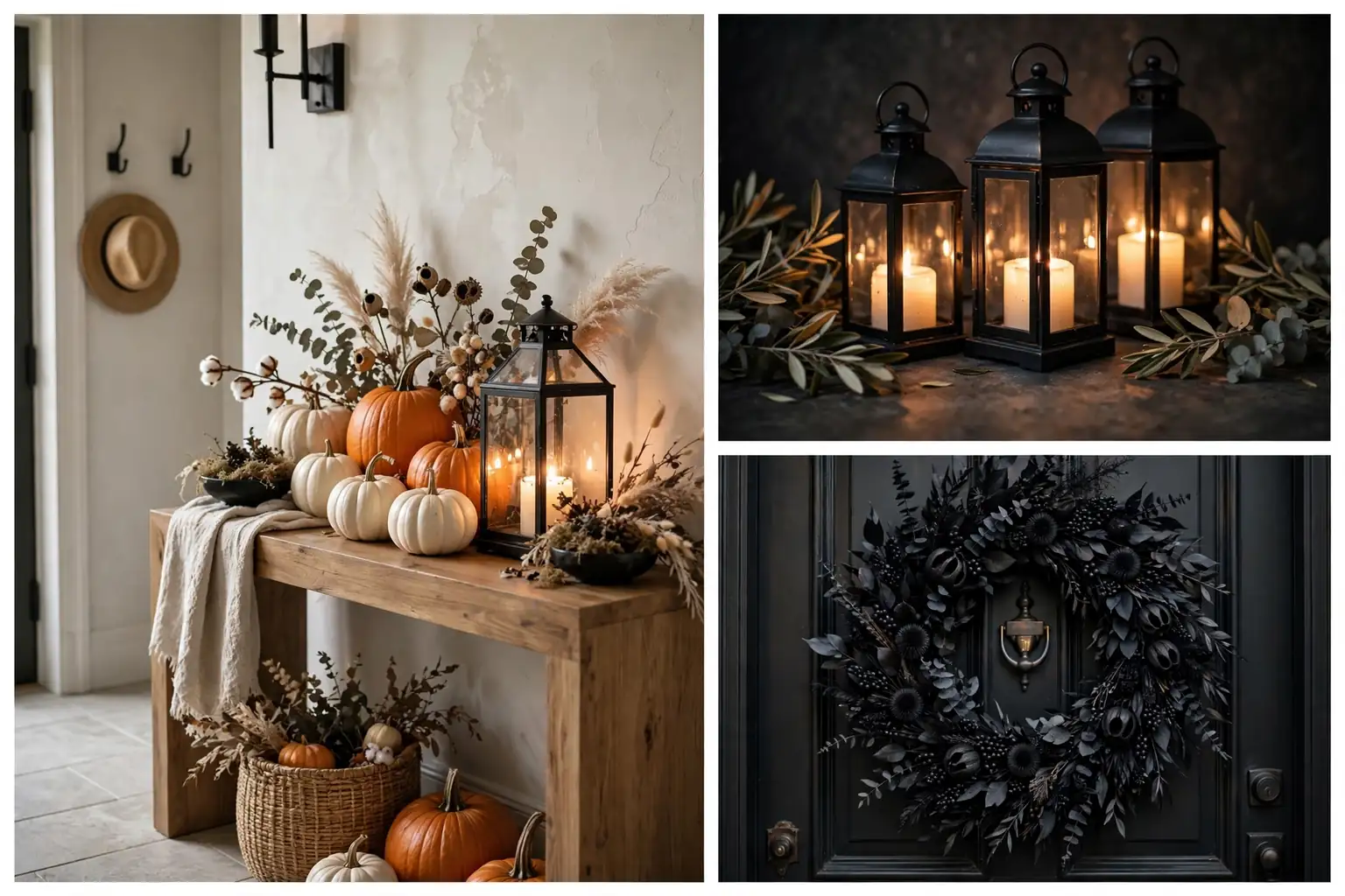 Halloween entryway decor ideas collage: pumpkin vignette console table, glowing lantern pathway, and black statement wreath