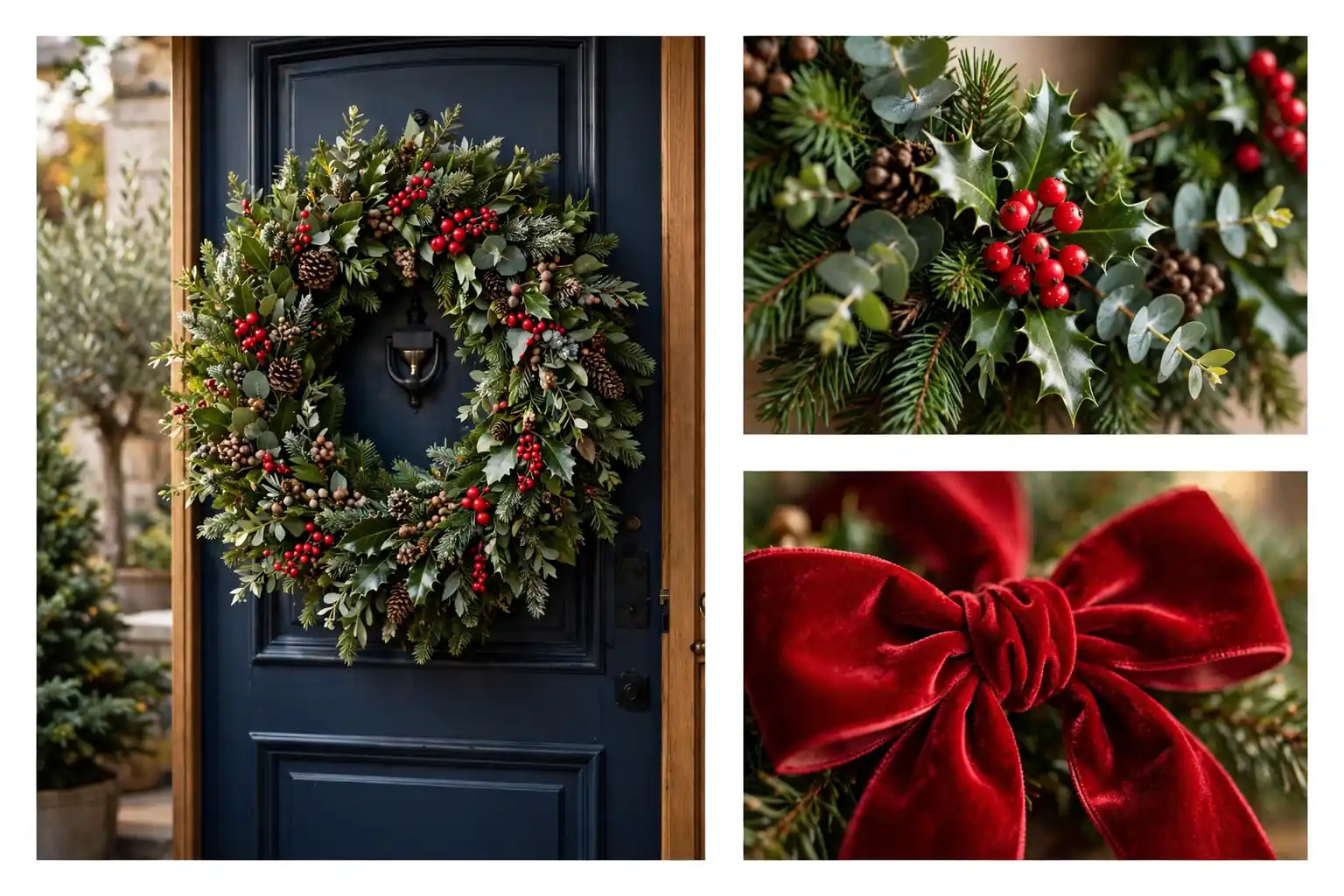 Beautiful Christmas wreath ideas collage with front door wreath and detail shots