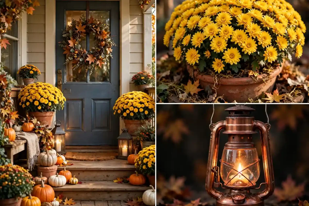 Cozy fall front door with mums, pumpkins, and lanterns, the featured look for these fall front door decor ideas