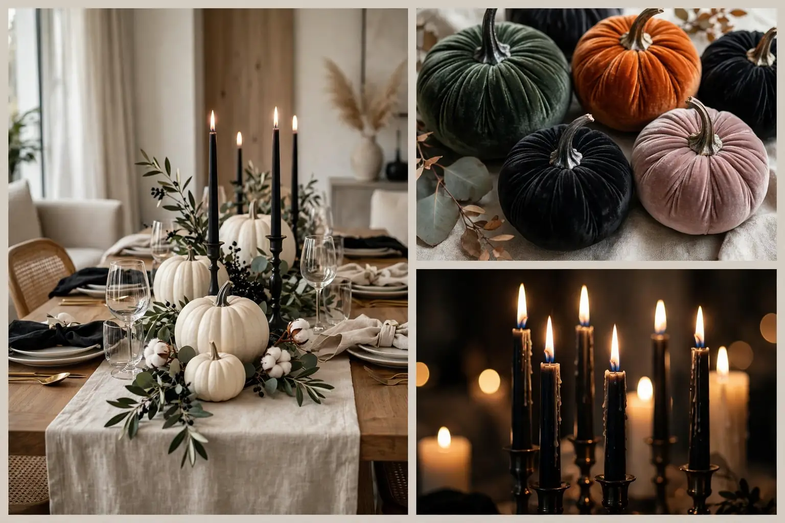 Halloween table decor ideas collage with an elegant candlelit tablescape, velvet pumpkins and glowing candles