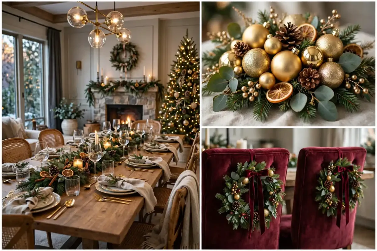 Christmas dining room decor collage with a festive table setting, gold ornament centerpiece and burgundy wreath chairs