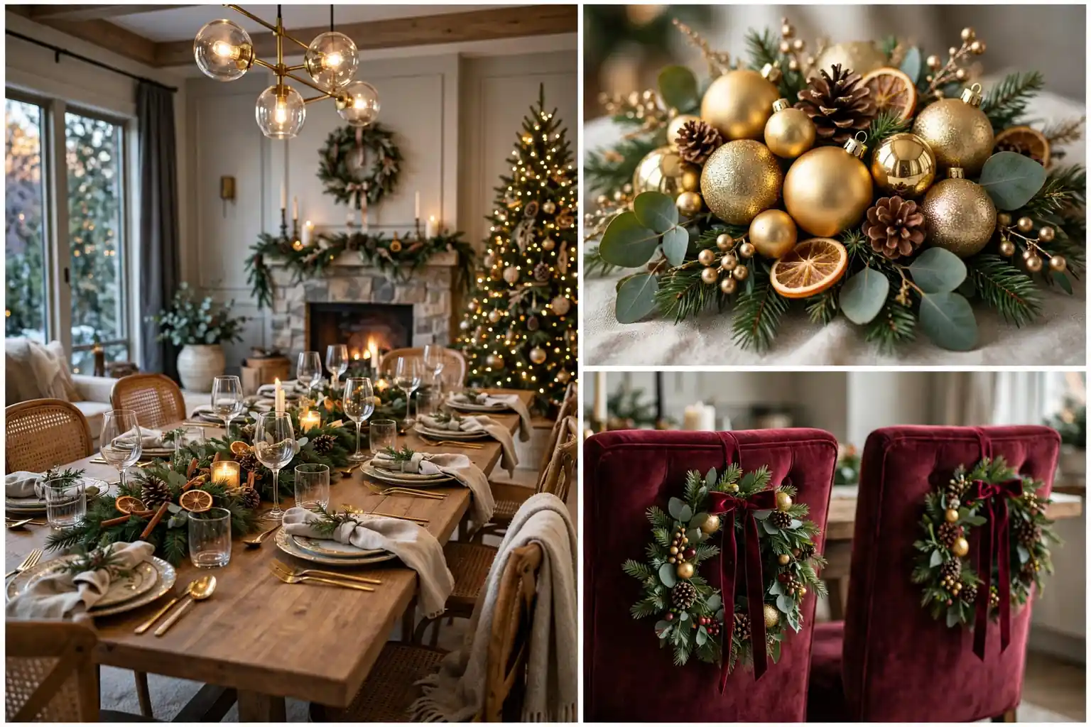 Christmas dining room decor collage with a festive table setting, gold ornament centerpiece and burgundy wreath chairs