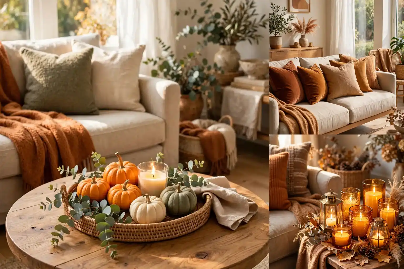 Cozy fall living room decor collage with warm autumn styling ideas