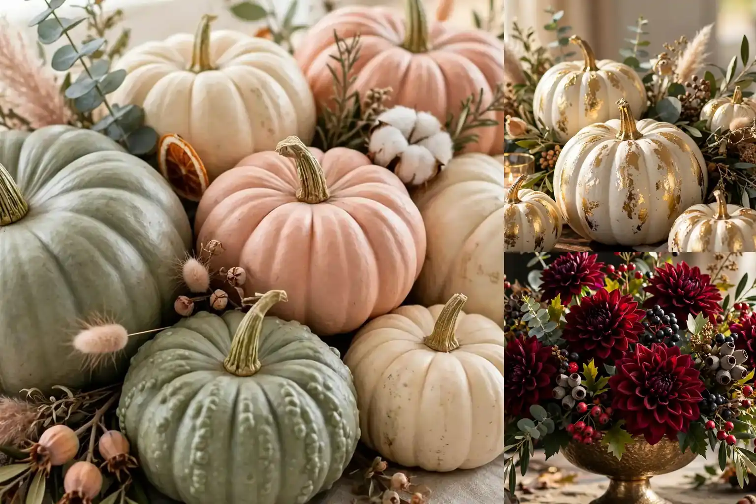 Thanksgiving centerpiece ideas collage with harvest table styling