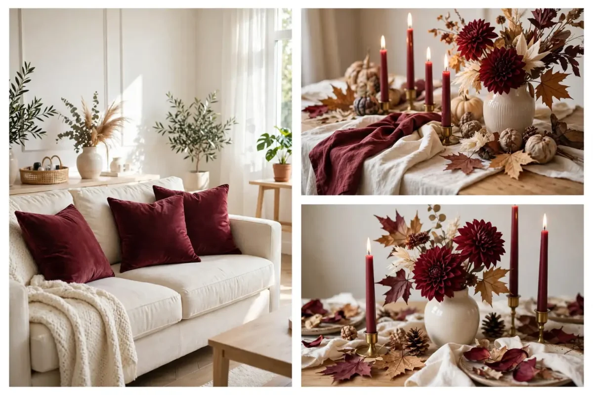 Burgundy fall decor collage showing burgundy velvet pillows on a cream sofa, a burgundy and cream tablescape with taper candles, and dried burgundy dahlias in a vase