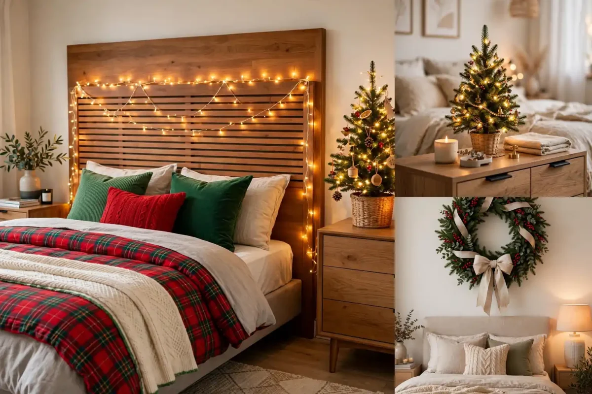 Collage of cozy christmas bedroom decor scenes with festive bedding, glowing tree, and wreath details