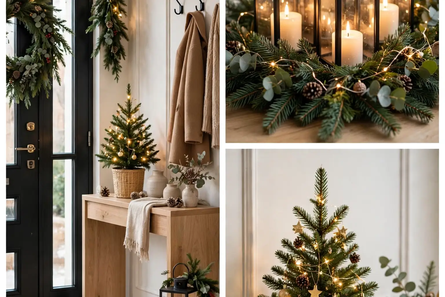 Cozy Christmas entryway with garland, lanterns, and a mini tree welcoming guests