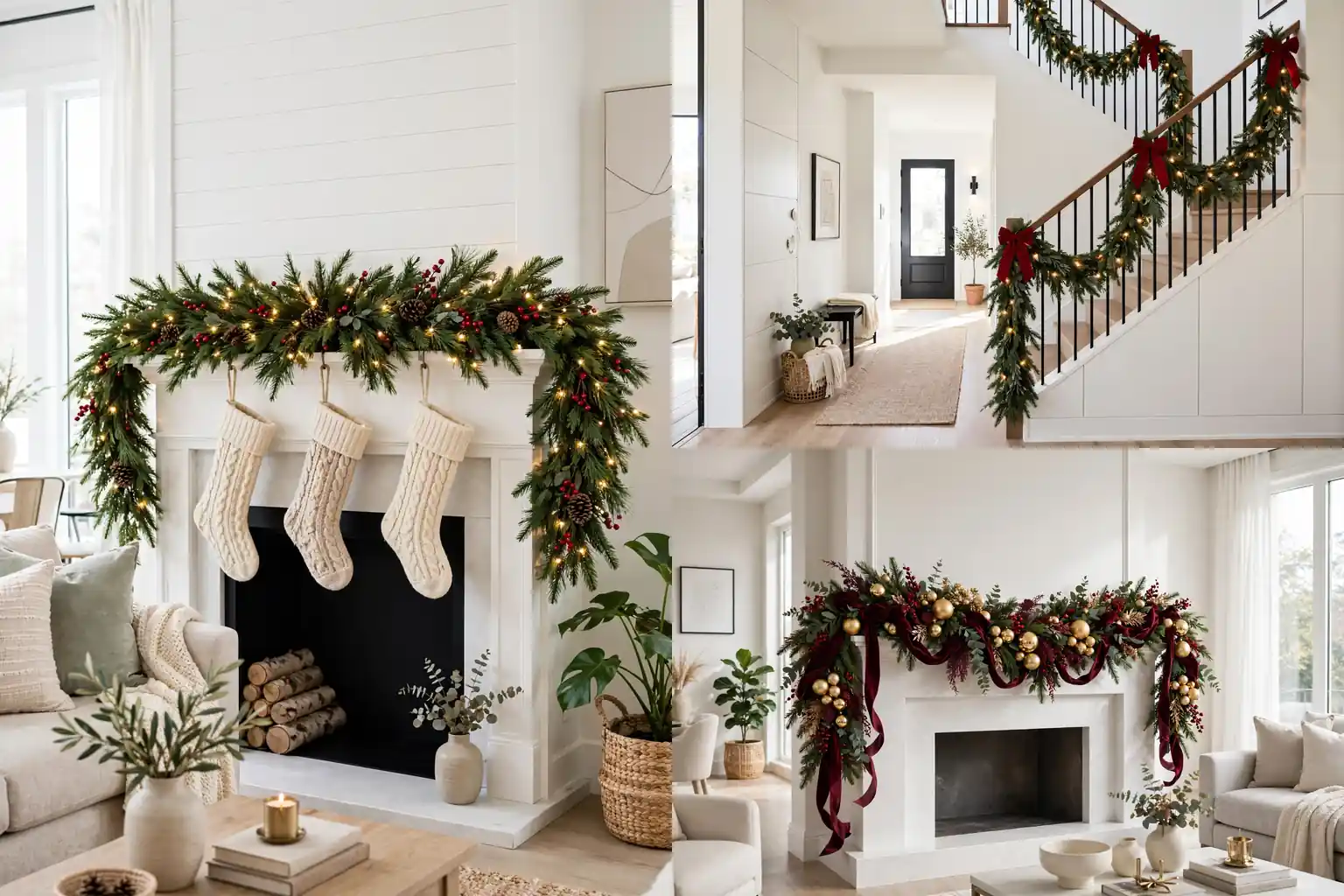 Featured christmas garland ideas grid showing a mantel garland, staircase garland and burgundy gold garland