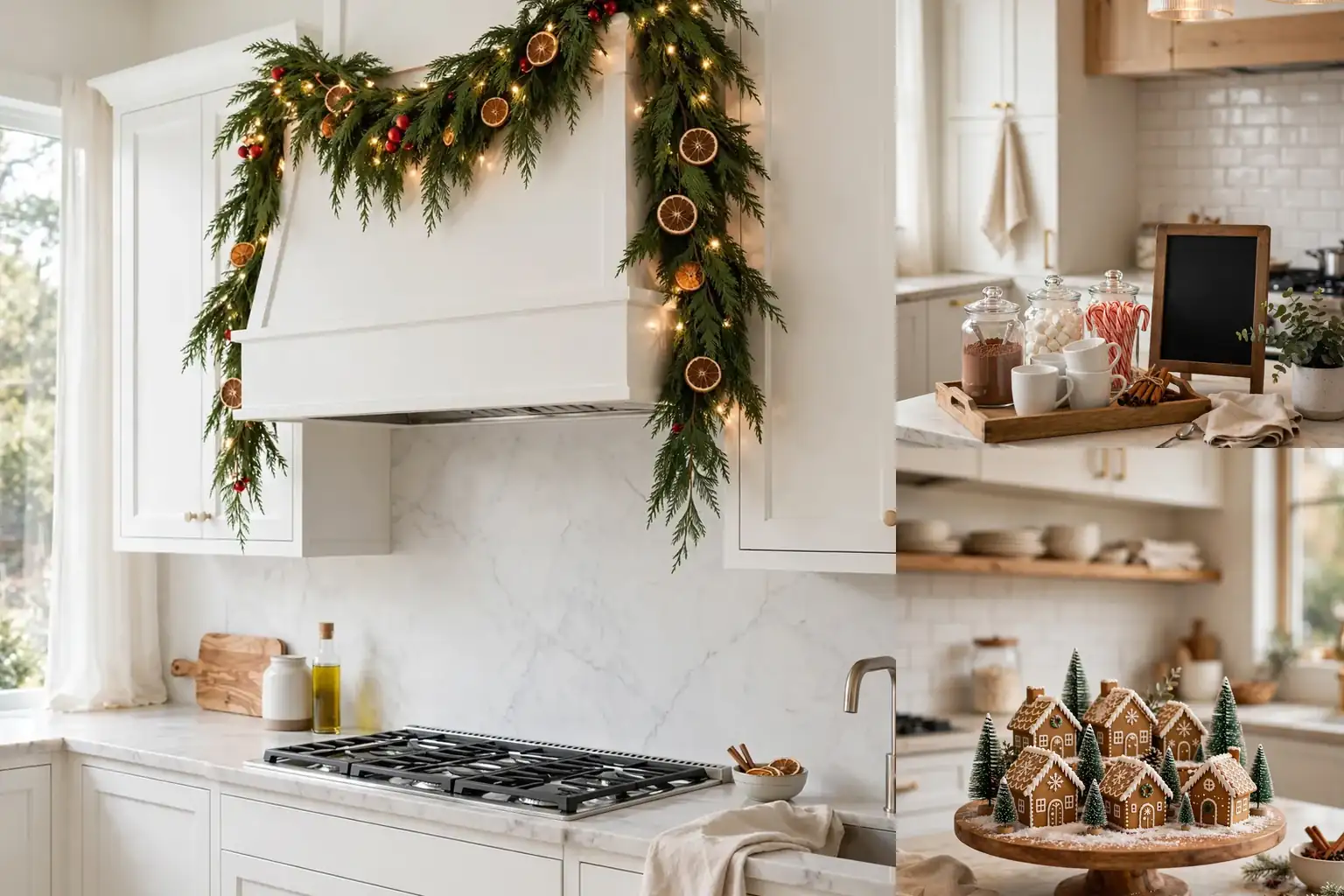 Christmas kitchen decor ideas collage showing a festive garland, mini tree and cocoa bar scenes