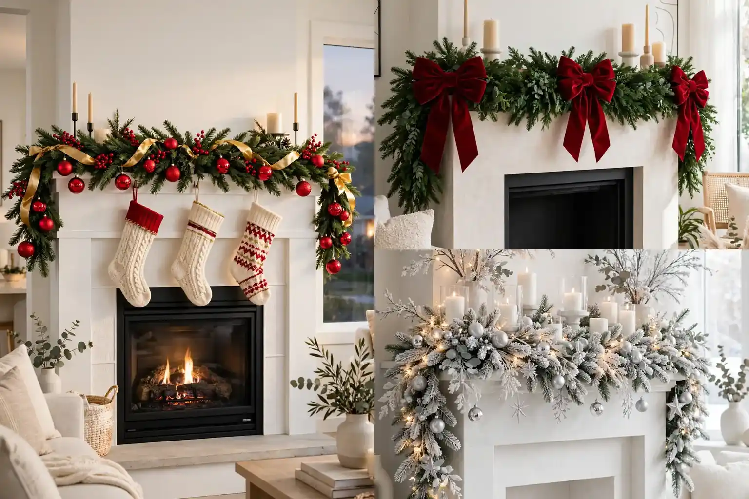 Stylish Christmas mantel decor ideas featured grid with garland, candles and stockings