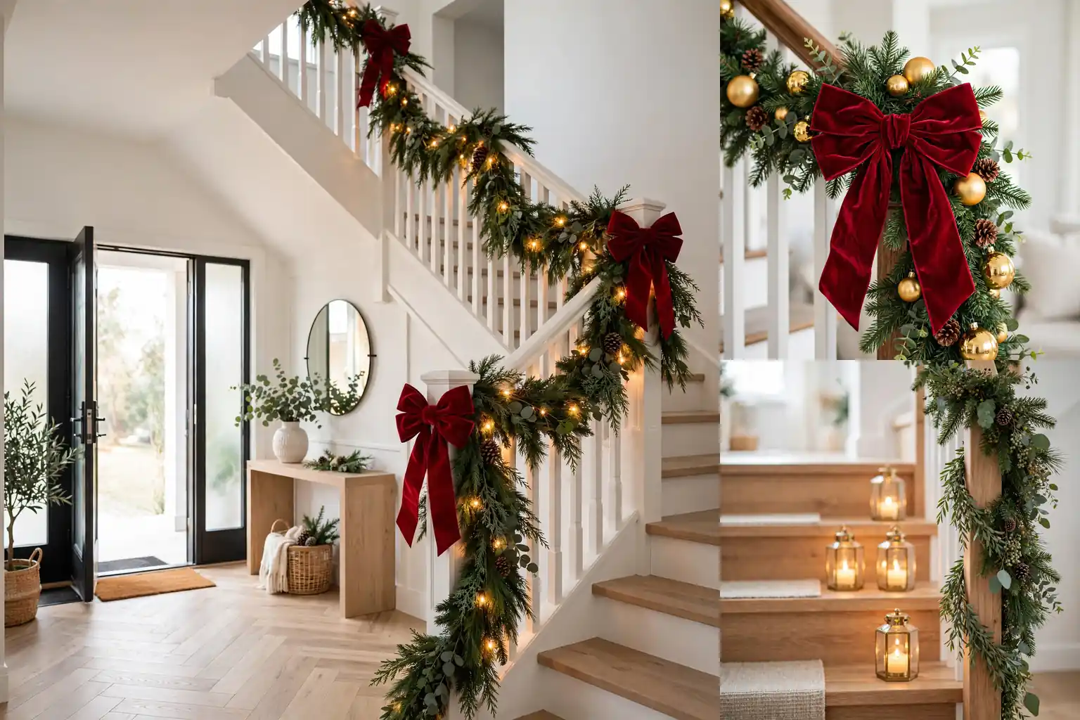 Beautiful Christmas staircase decor with evergreen garland, velvet bows and warm glowing lights in a bright entryway