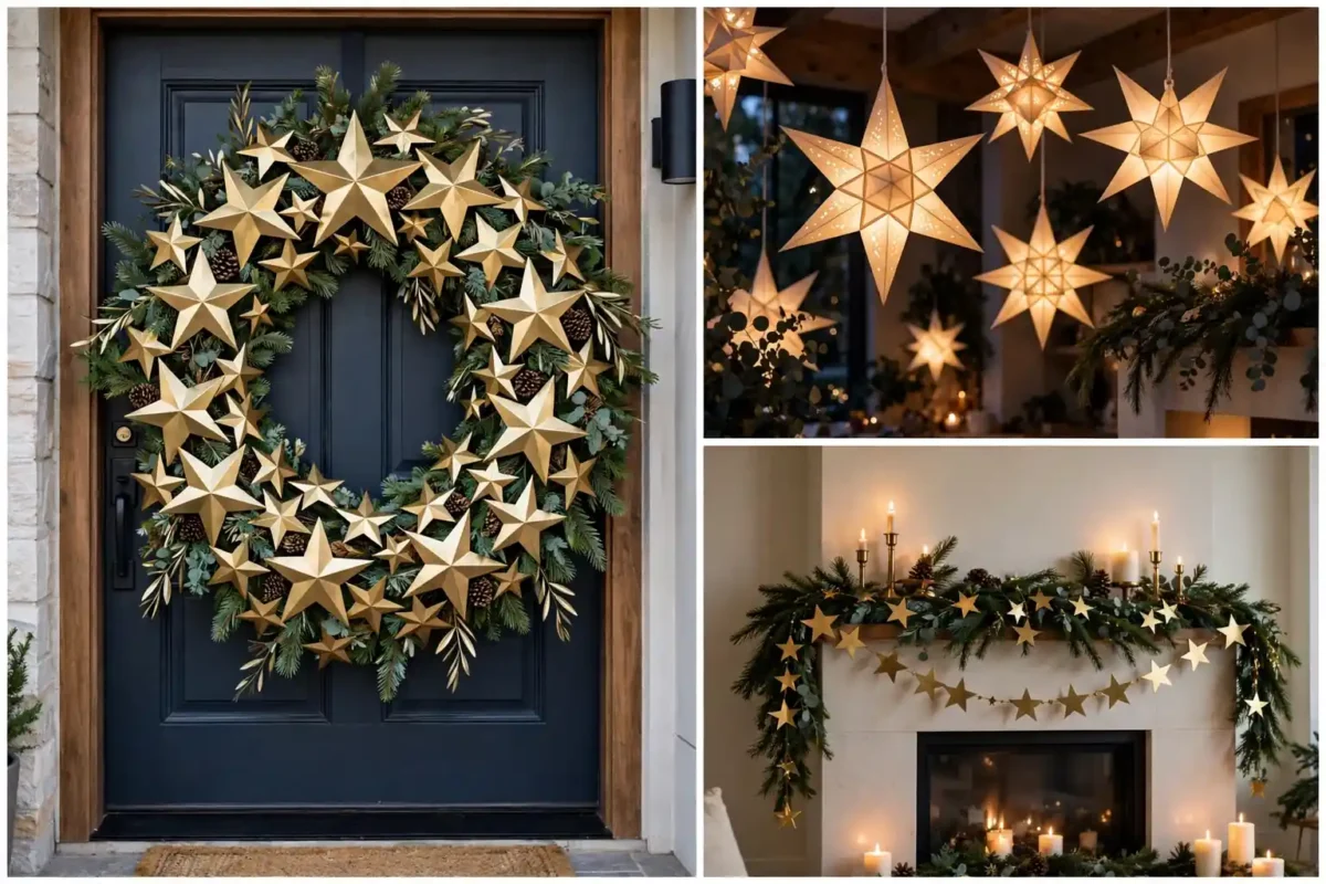 Christmas star decor ideas collage: brass star wreath, Moravian star lanterns, and star garland mantel
